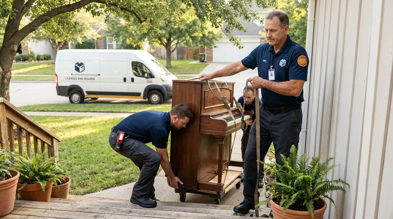 Licensed piano movers securing grand piano in Freeland, MI