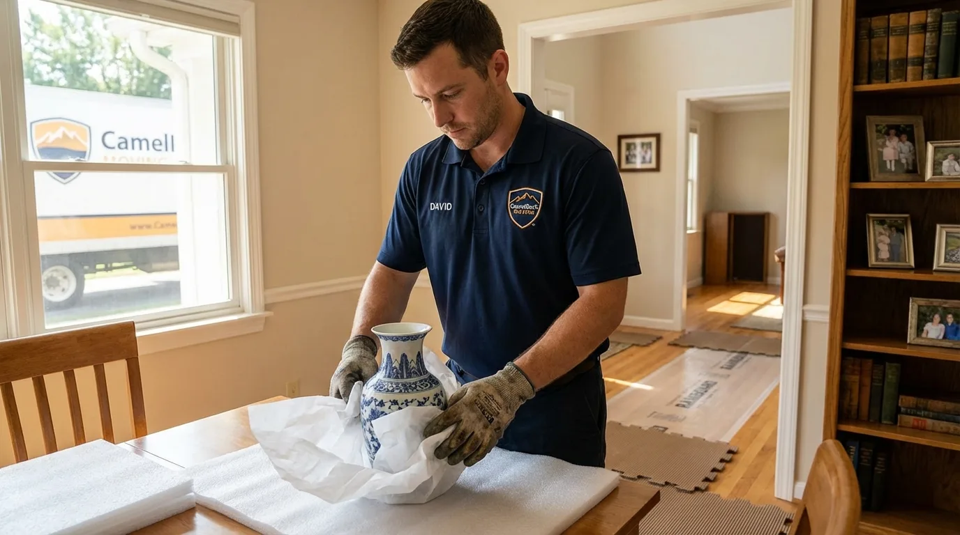 Professional crew carefully wrapping antique vase for senior downsizing move in Freeland, MI