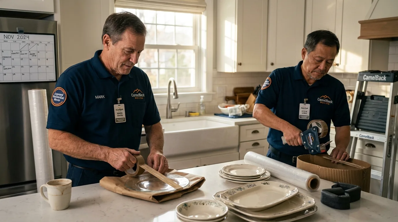 Professional crew packing kitchen dishware in Freeland, MI